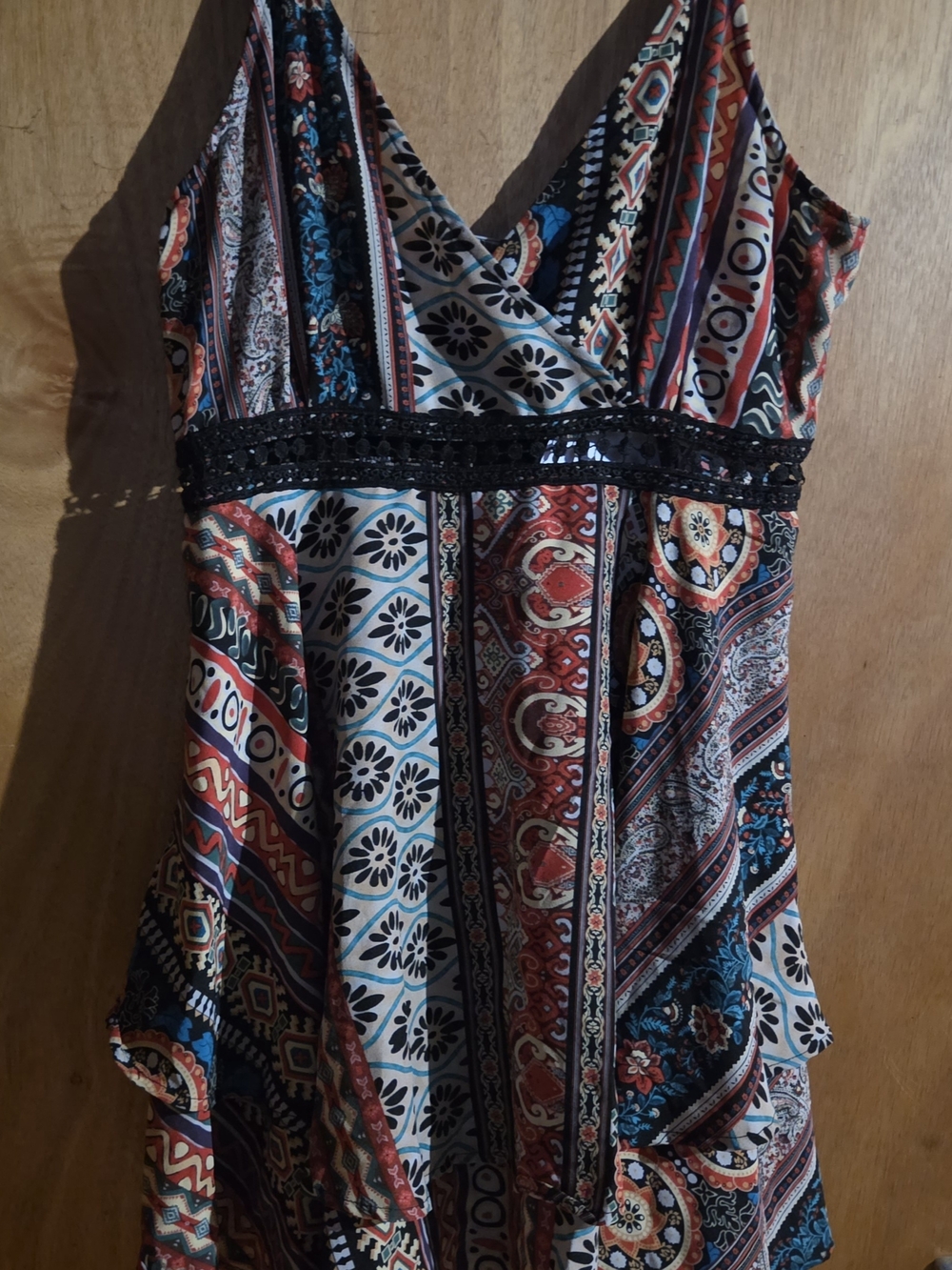 Boho Print V-Neck Women’s Dress with Black Lace Waist